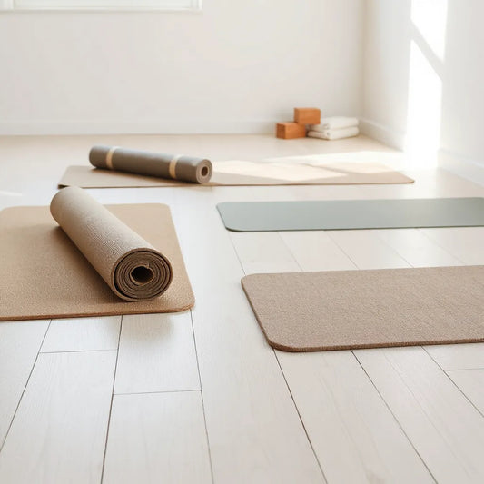 Verschillende yogamatten op een lichte houten vloer met zichtbare textuur en dikte in een rustige studio