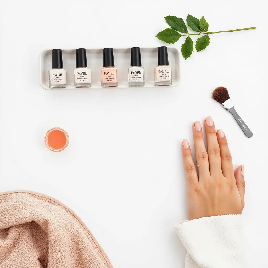 Acht nagelgelpotjes naast een nagelvijl met een modelhand met natuurlijke nagels