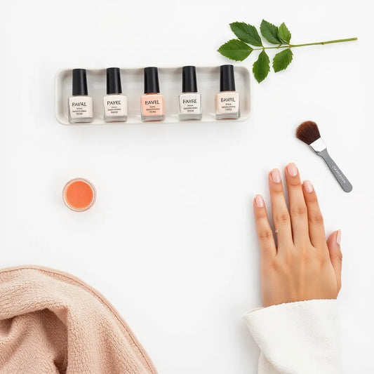 Acht nagelgelpotjes naast een nagelvijl met een modelhand met natuurlijke nagels