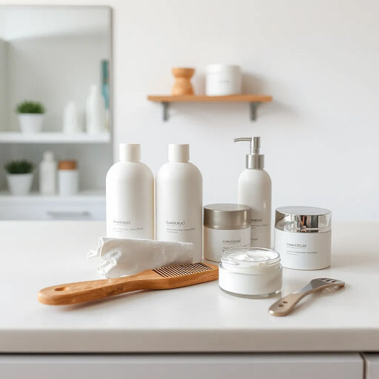 Professionele haarverzorgingsproducten op een schone salonbalie met kam en borstel
