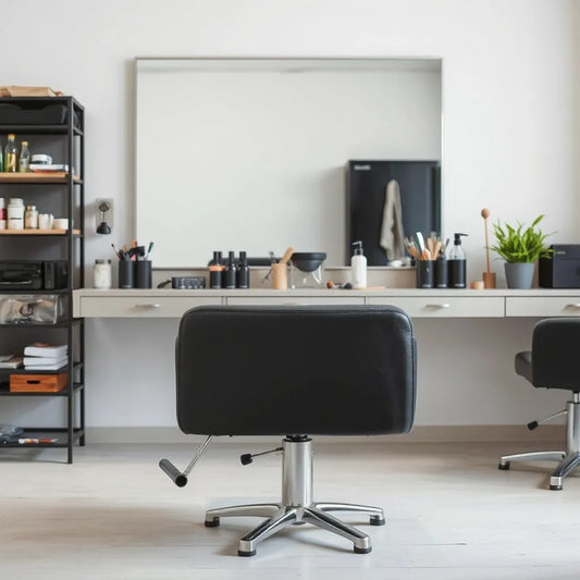Moderne kappersstoel in een verzorgde salonruimte met spiegel en opgeruimde stylingtools