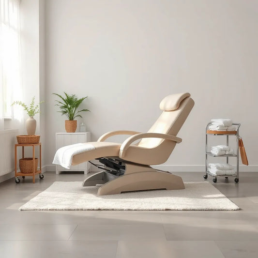 Moderne behandelstoel in een rustige salonruimte met zichtbare ergonomische aanpassingen