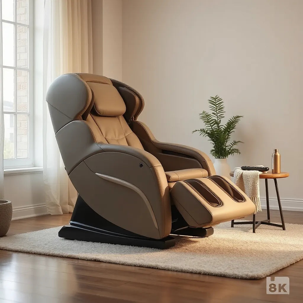 Moderne massagestoel in een rustige, minimalistische woonruimte met zichtbare bediening en neksteun