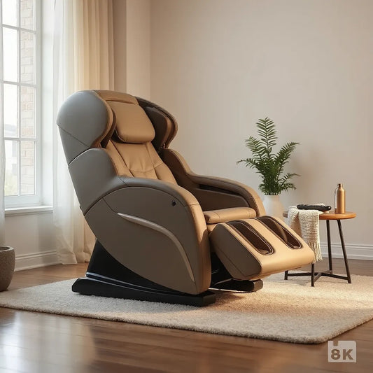 Moderne massagestoel in een rustige, minimalistische woonruimte met zichtbare bediening en neksteun